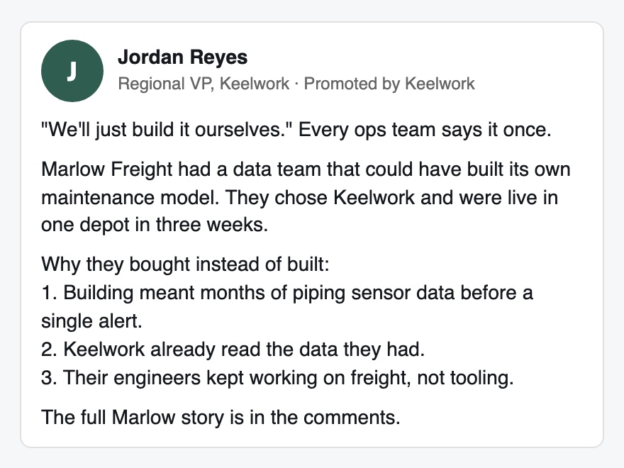 The same move rebuilt for a made-up brand, Keelwork