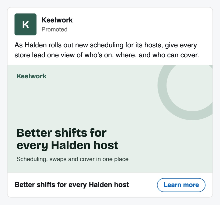 The same move rebuilt for a made-up brand, Keelwork
