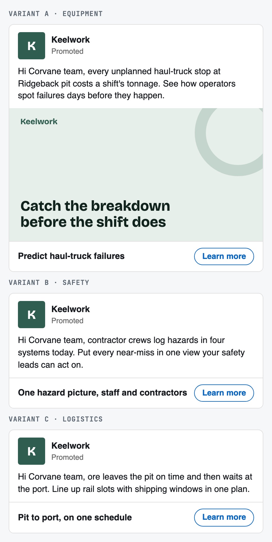 The same move rebuilt for a made-up brand, Keelwork