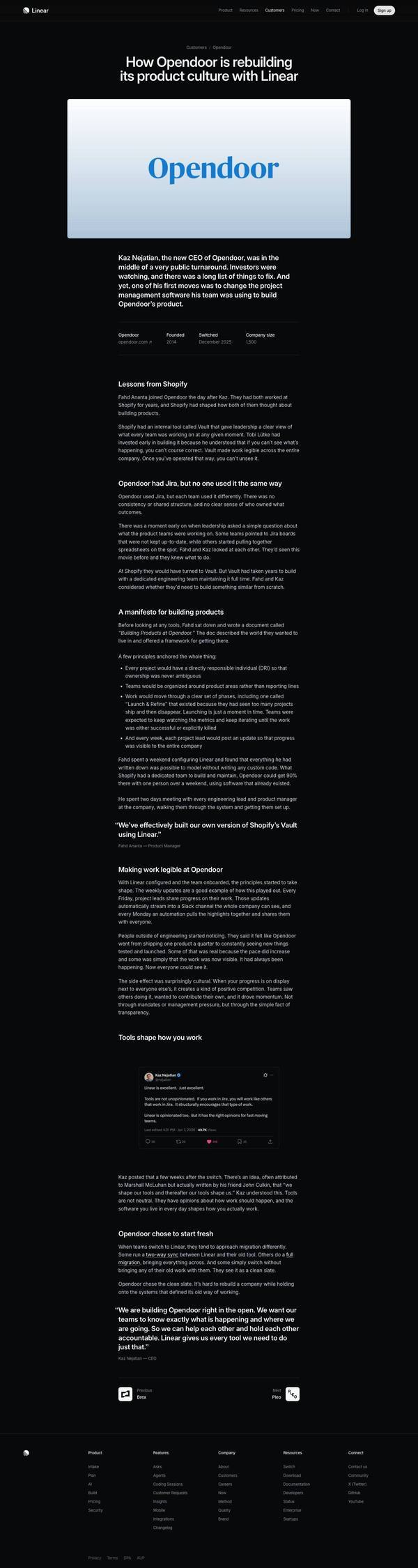 Linear landing page