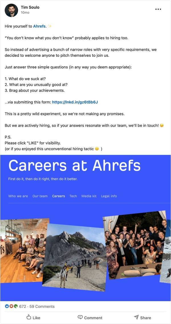 Ahrefs linkedin post