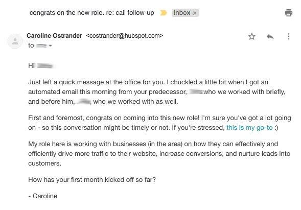 HubSpot: congrats on the new role. re: call follow-up